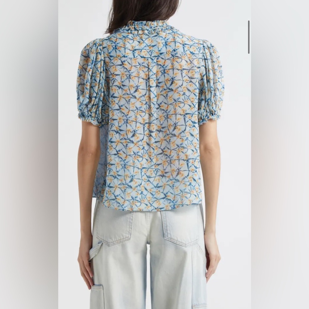 Ulla Johnson Adira Silk Puff Sleeve Button Top Blue Floral Print Poplin Size 0 - Picture 2 of 10